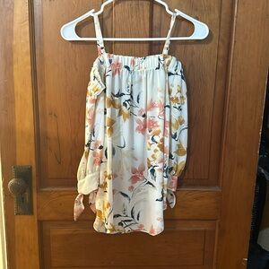 Off the shoulder, silk blouse, three-quarter sleeves, white with floral print